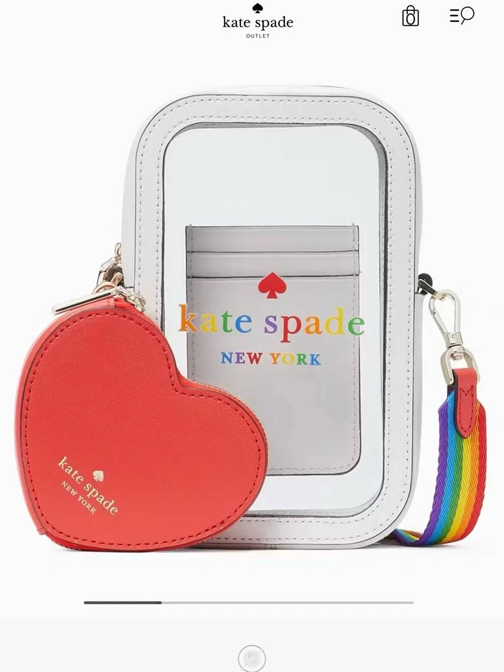 kate spade White Clear Crossbody with Red Heart Coin Pouch and Rainbow Strap